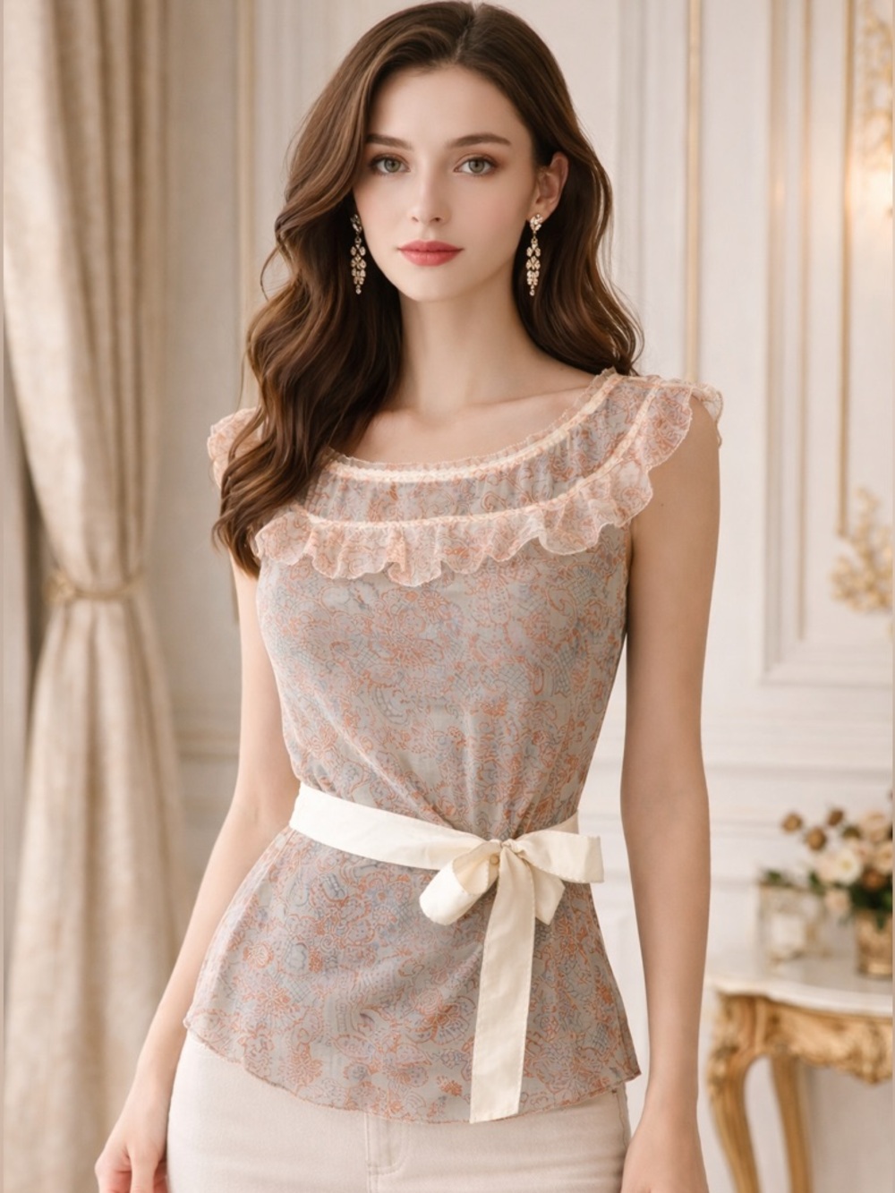 Elie Tahari 100% Silk Peach Floral Sheer Ruffle Top